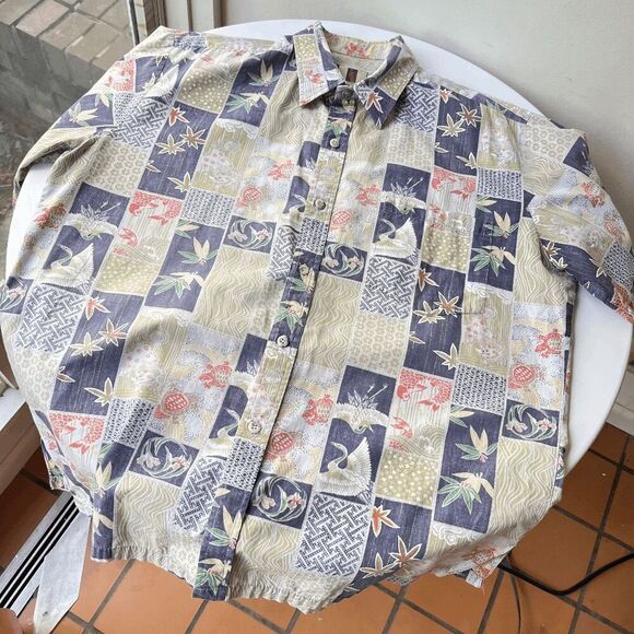 Tori Richard Hawaii Shirt L Cranes Koi Patch Print 100% Cotton Aloha - Picture 9 of 14